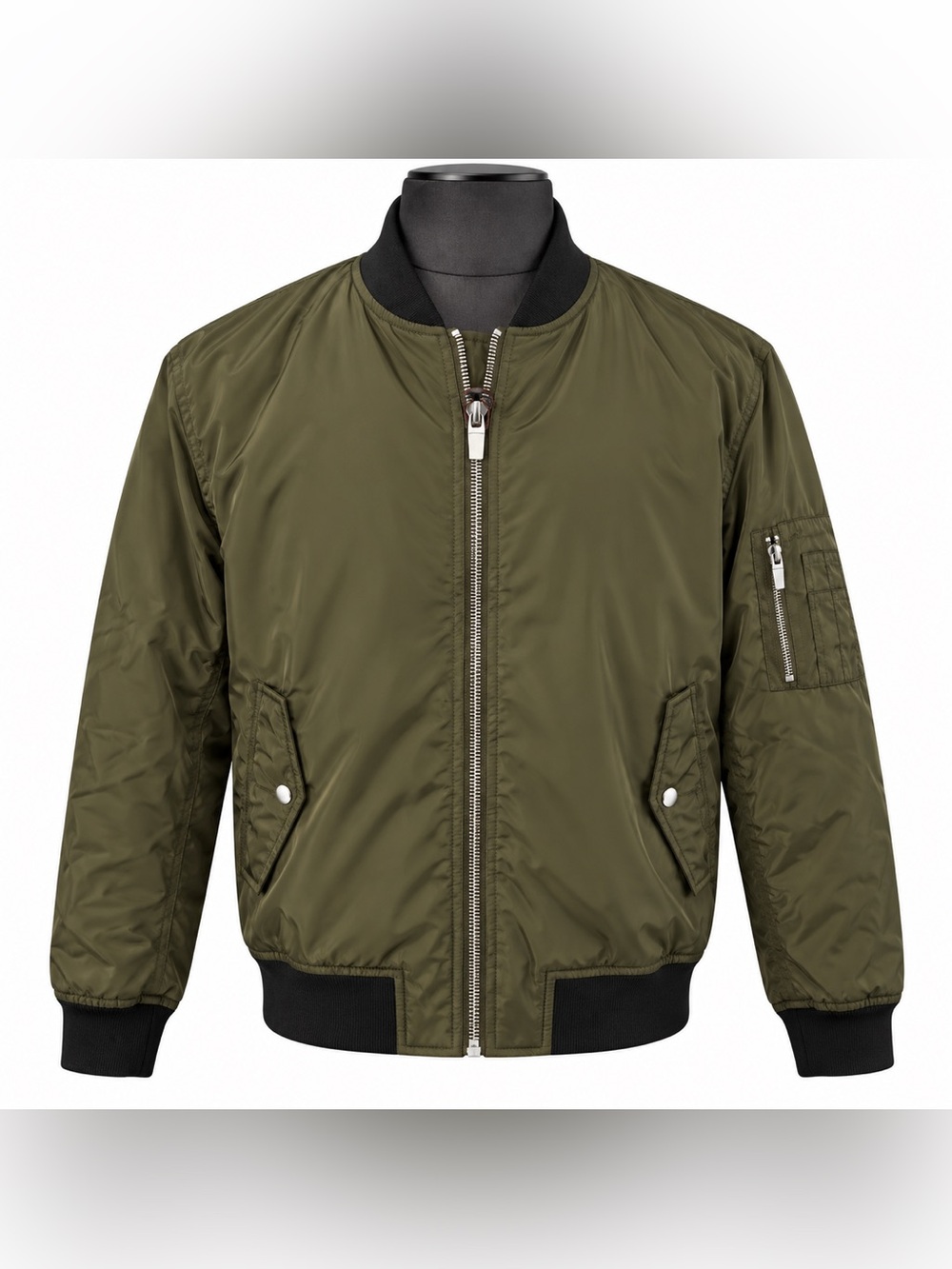 Zara Olive Green Bomber Jacket with Black Trims